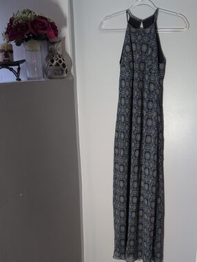 Yves Cossette Sleeveless Navy and Cream Patterned Halter Maxi Dress